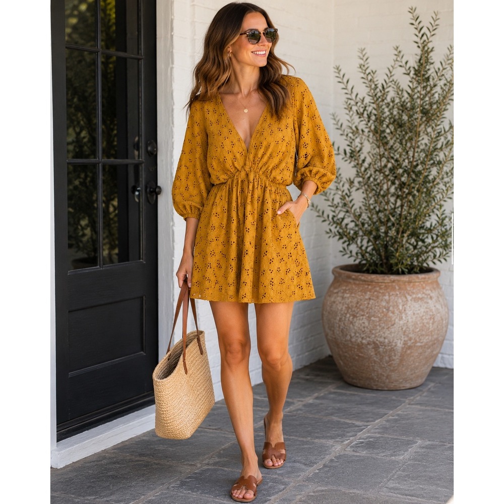 ByTogether Eyelet Mini Dress M Mustard Boho Cottagecore Prairie Puff Sleeve